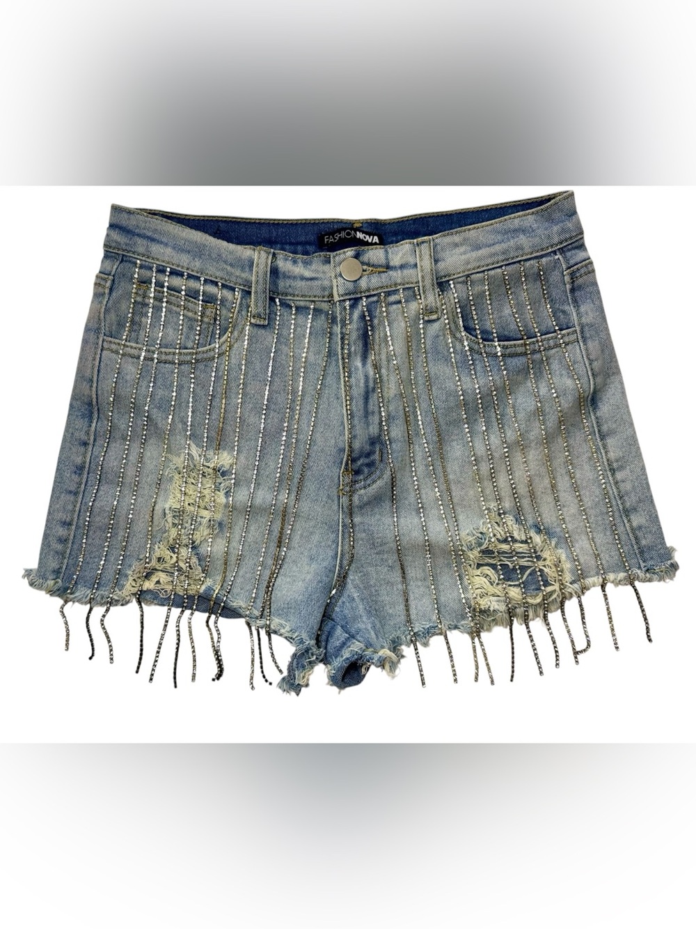 Fashion Nova Bling Fringe Distressed Denim Shorts Festival Y2K Size 7